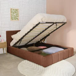 Cama baúl con somier a láminas y cabecero 140cm, acabado en borreguito