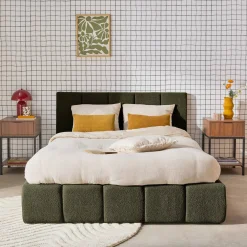 Cama baúl con somier a láminas y cabecero 140cm, acabado en borreguito