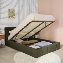 Cama baúl con somier a láminas y cabecero 140cm, acabado en borreguito