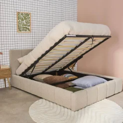 Cama baúl con somier a láminas y cabecero 140cm, acabado en borreguito