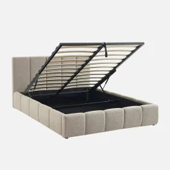 Cama baúl con somier a láminas y cabecero 140cm, acabado en borreguito