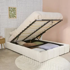 Cama baúl con somier a láminas y cabecero 140cm, acabado en borreguito