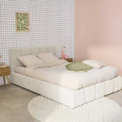 Cama baúl con somier a láminas y cabecero 140cm, acabado en borreguito