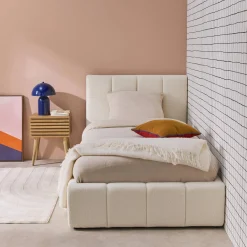 Cama baúl con somier de láminas y cabecera 90x190cm, acabado en borreguito