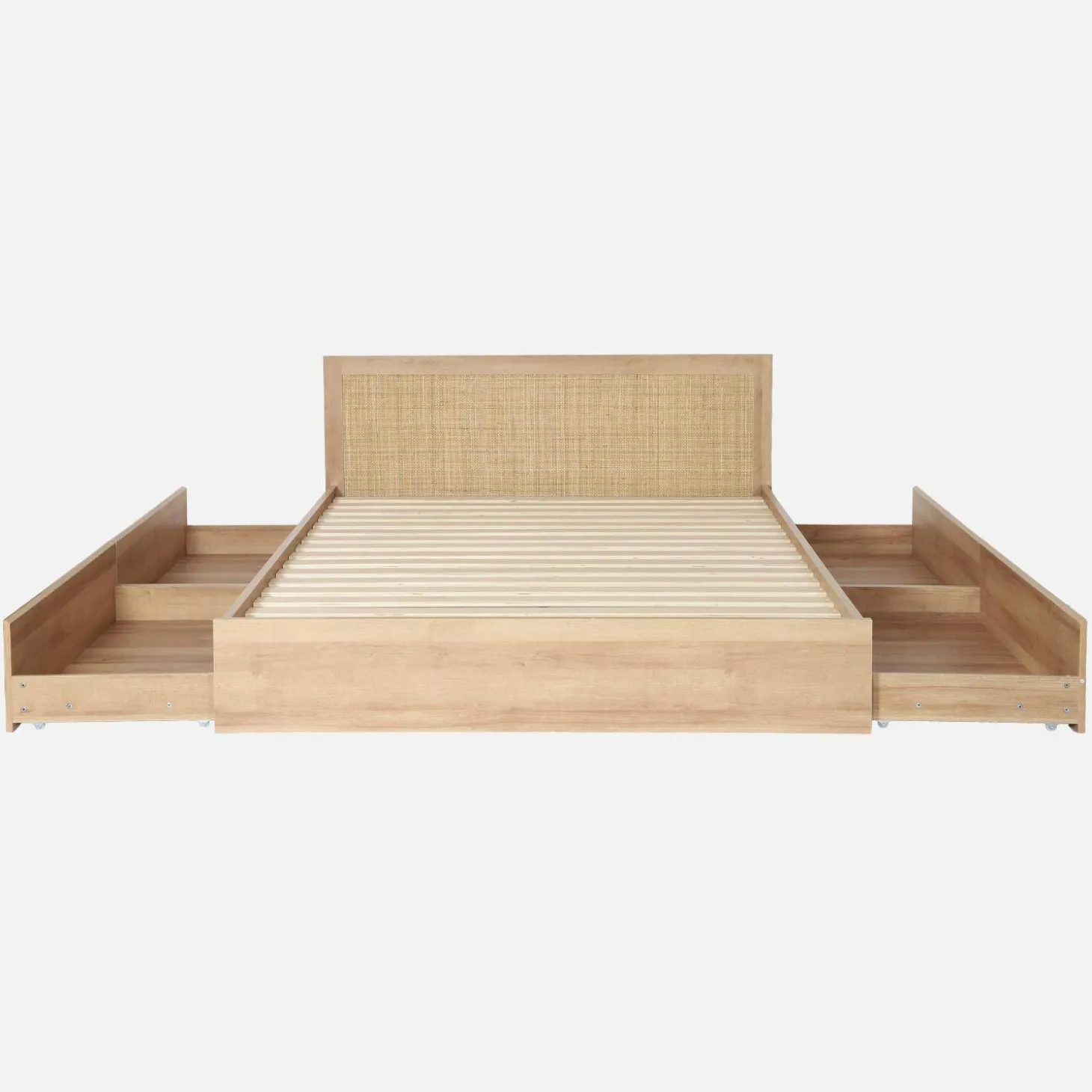 Cama bohemia con somier de láminas y cabecero 140x190cm + 2 cajones decorativos