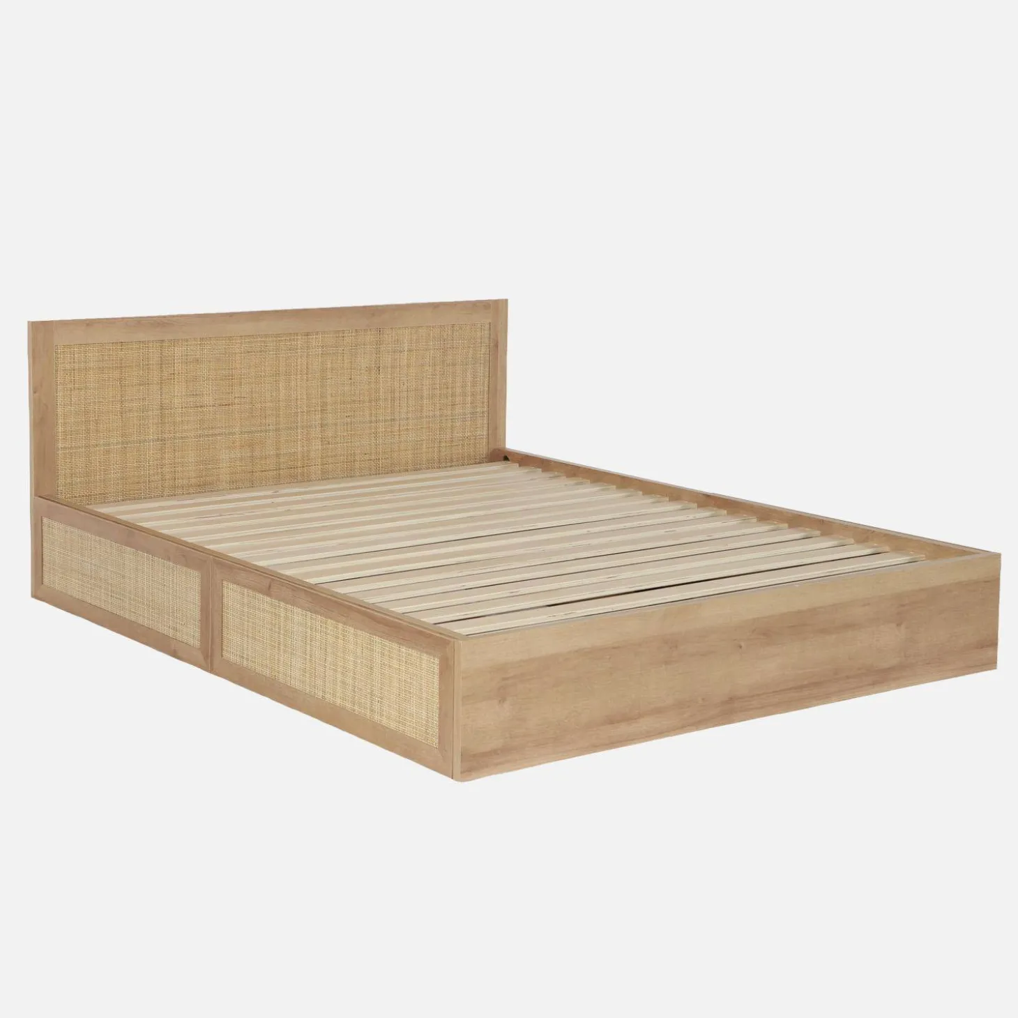 Cama bohemia con somier de láminas y cabecero 140x190cm + 2 cajones decorativos