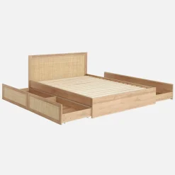 Cama bohemia con somier de láminas y cabecero 140x190cm + 2 cajones decorativos