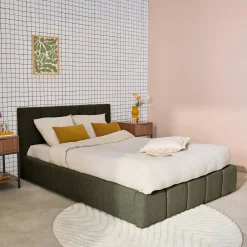 Cama con cajón con somier de láminas y cabecero 160x200cm, acabado en borreguito