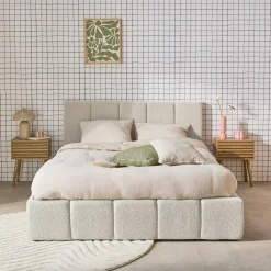 Cama con cajón con somier de láminas y cabecero 160x200cm, acabado en borreguito