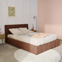 Cama con cajón con somier de láminas y cabecero 160x200cm, acabado en borreguito