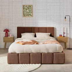 Cama con cajón con somier de láminas y cabecero 160x200cm, acabado en borreguito