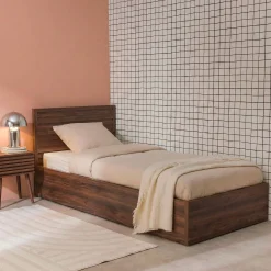 Cama con cajón, somier de láminas y cabecero 90x190cm decorado en madera