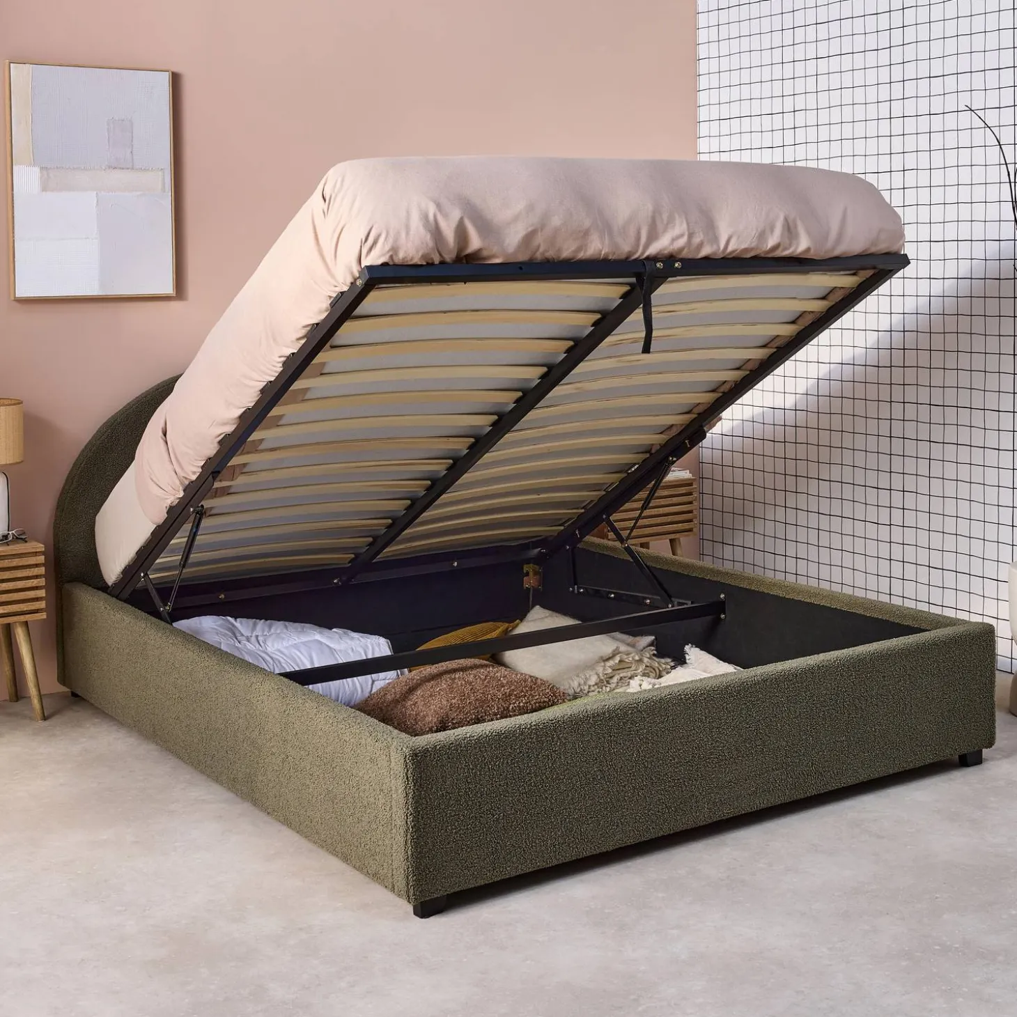 Cama con somier abatible y cabecero 140x190cm, acabado en borreguito