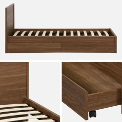 Cama con somier de láminas y cabecero 90 x 190cm + 2 cajones decorativos de madera