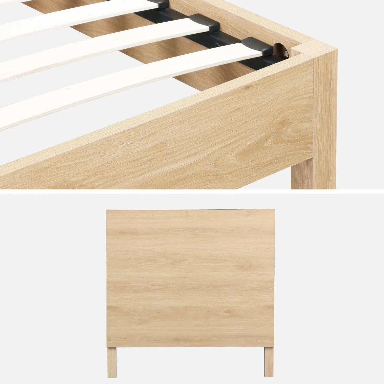 Cama con somier de láminas y cabecero 90x190cm, decoración madera