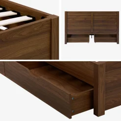 Cama con somier de láminas y cabecero, 160x200cm + 4 cajones decorativos de madera