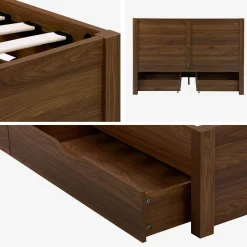 Cama con somier de láminas y cabecero, 140x190cm + 4 cajones decorativos de madera
