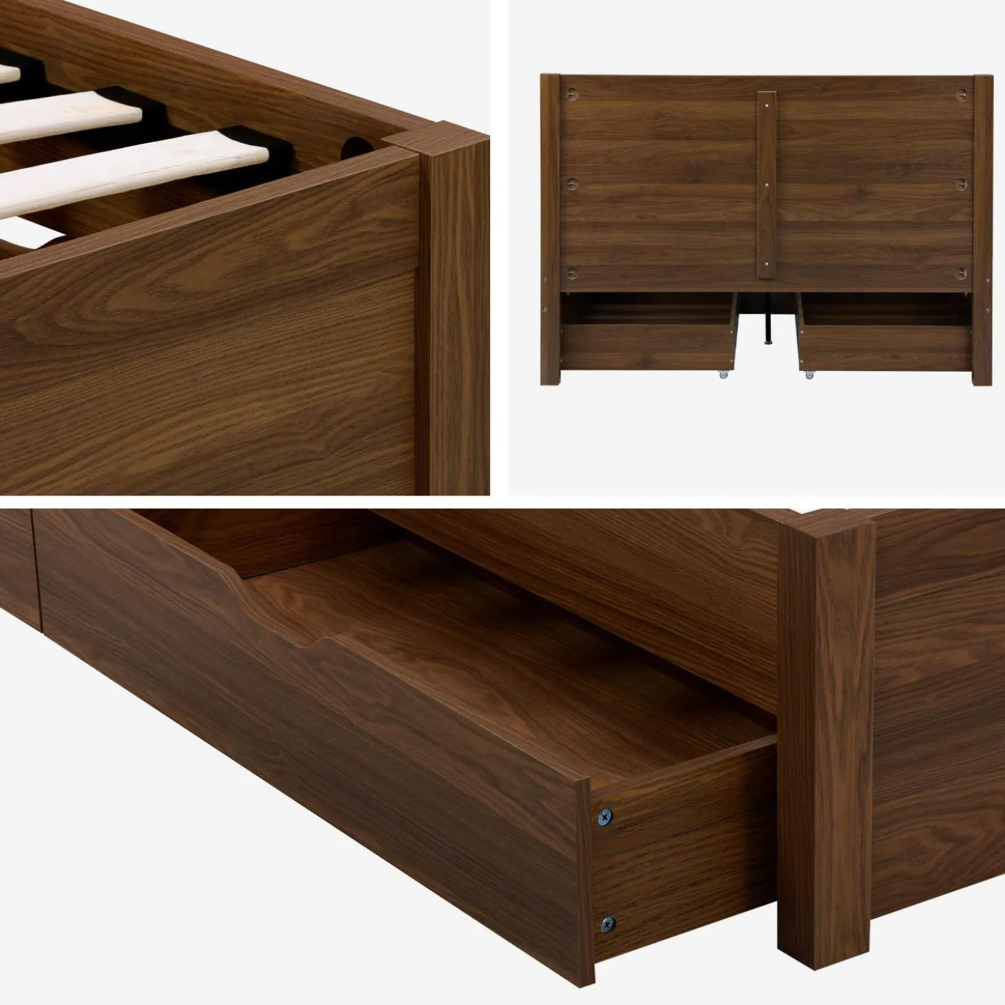 Cama con somier de láminas y cabecero, 140x190cm + 4 cajones decorativos de madera