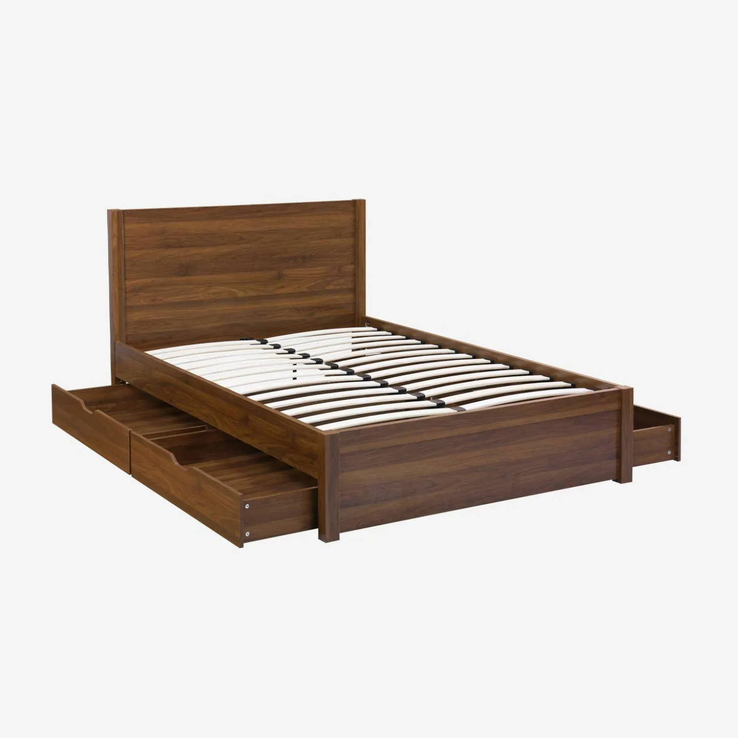 Cama con somier de láminas y cabecero, 140x190cm + 4 cajones decorativos de madera