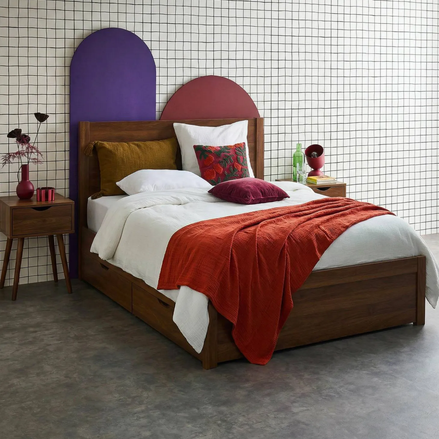 Cama con somier de láminas y cabecero, 140x190cm + 4 cajones decorativos de madera