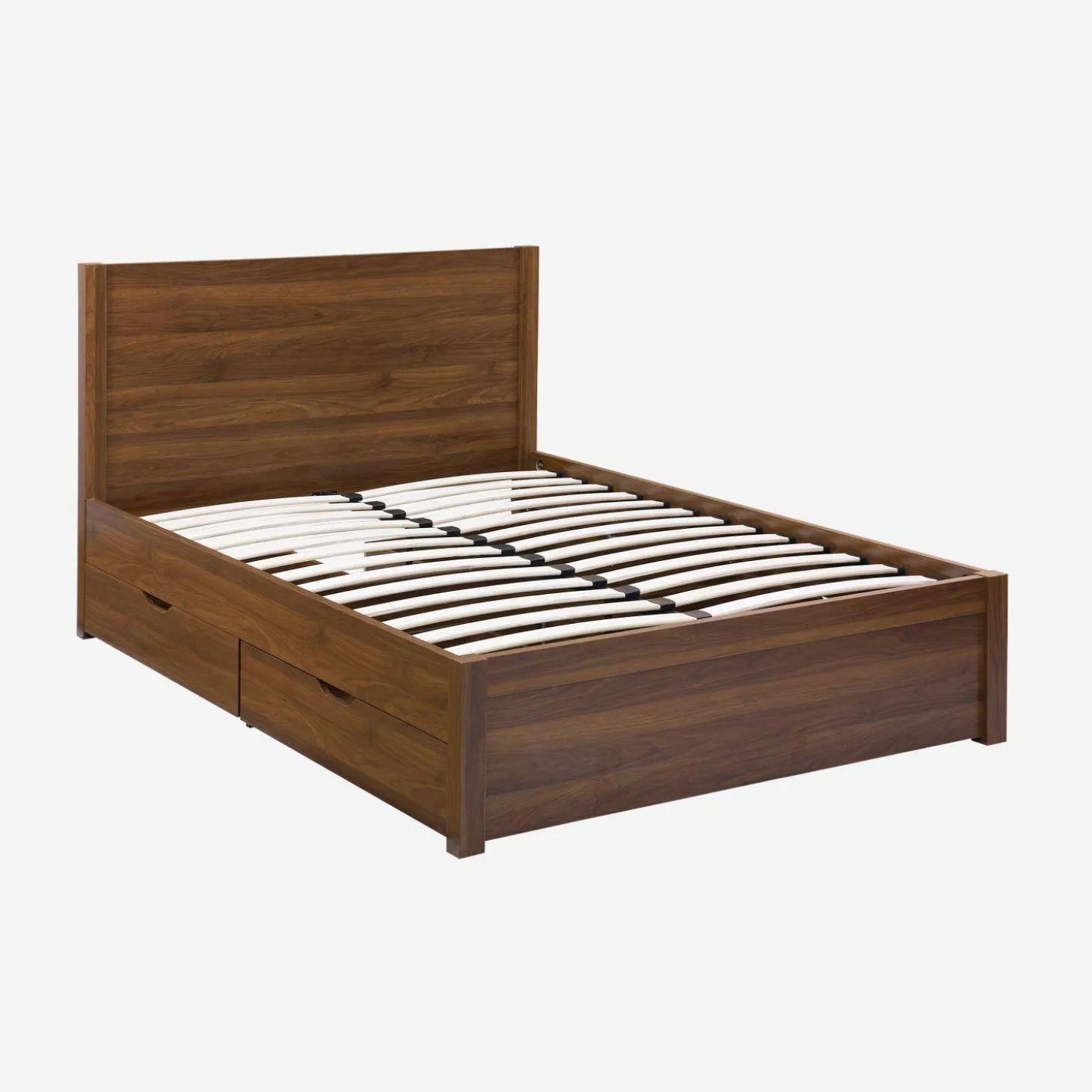 Cama con somier de láminas y cabecero, 140x190cm + 4 cajones decorativos de madera