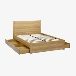 Cama con somier de láminas y cabecero, 140x190cm + 4 cajones decorativos de madera