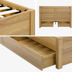 Cama con somier de láminas y cabecero, 140x190cm + 4 cajones decorativos de madera
