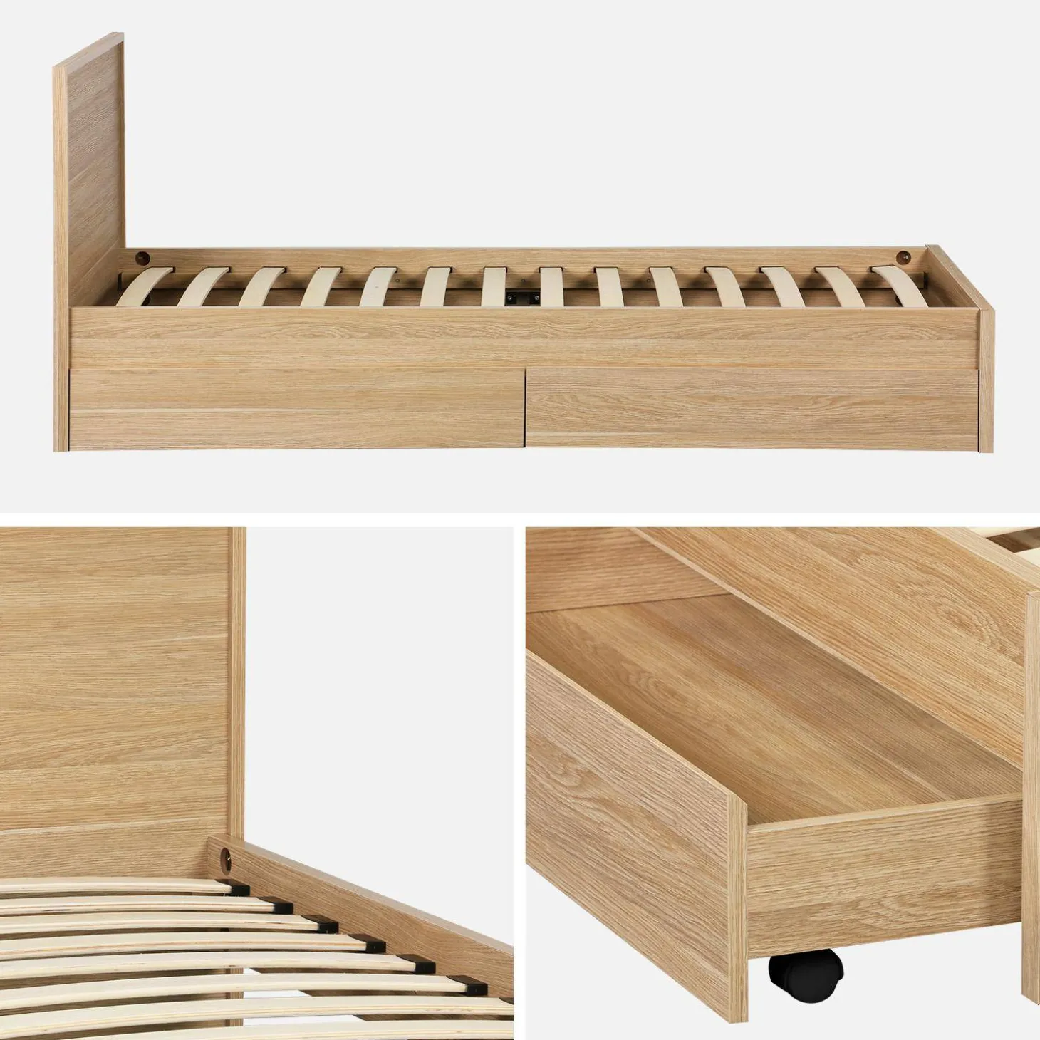 Cama con somier de láminas y cabecero 90 x 190cm + 2 cajones decorativos de madera