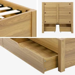 Cama con somier de láminas y cabecero, 90x190cm + 4 cajones decorativos de madera