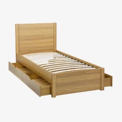 Cama con somier de láminas y cabecero, 90x190cm + 4 cajones decorativos de madera