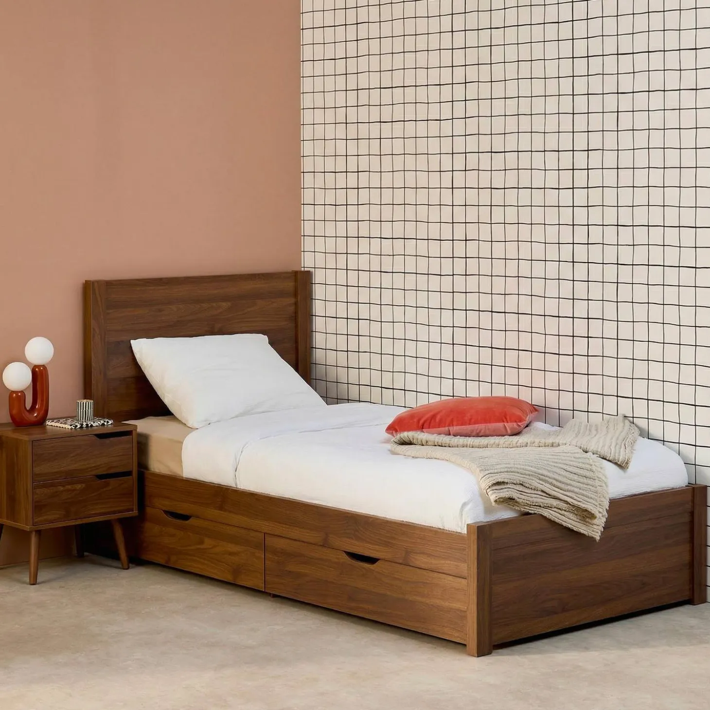 Cama con somier de láminas y cabecero, 90x190cm + 4 cajones decorativos de madera