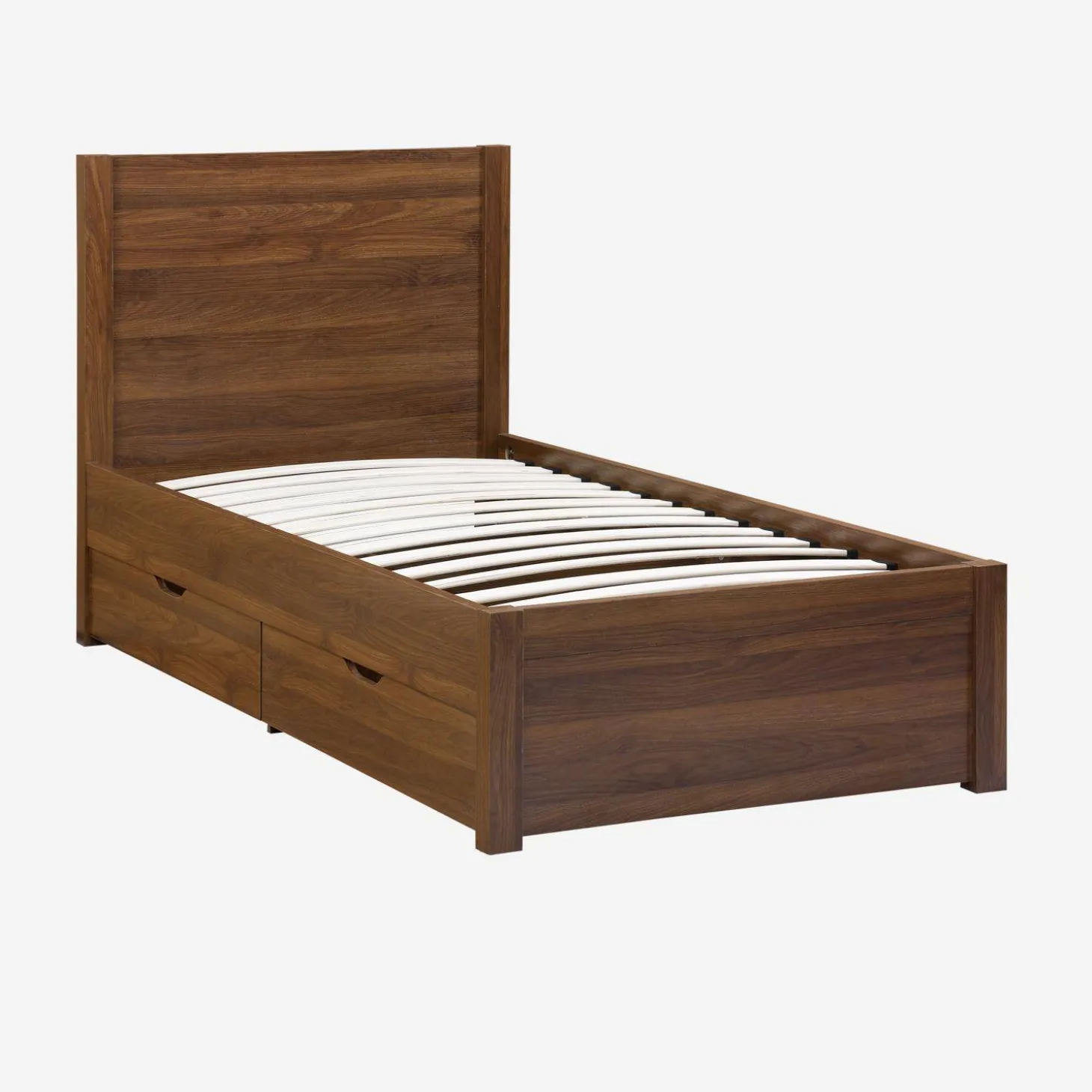 Cama con somier de láminas y cabecero, 90x190cm + 4 cajones decorativos de madera
