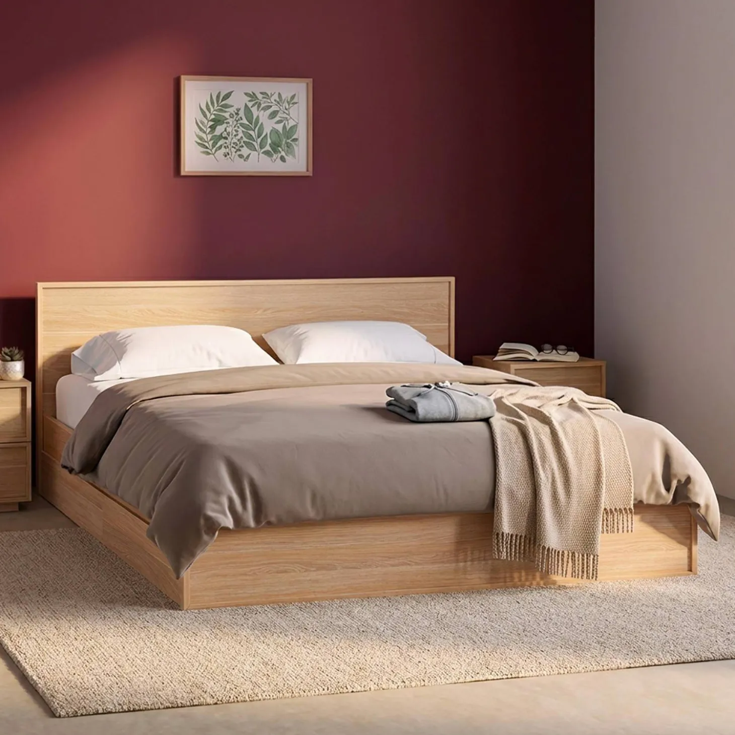 Cama con somier de láminas y cabecero 160x200cm + 4 cajones decoración madera