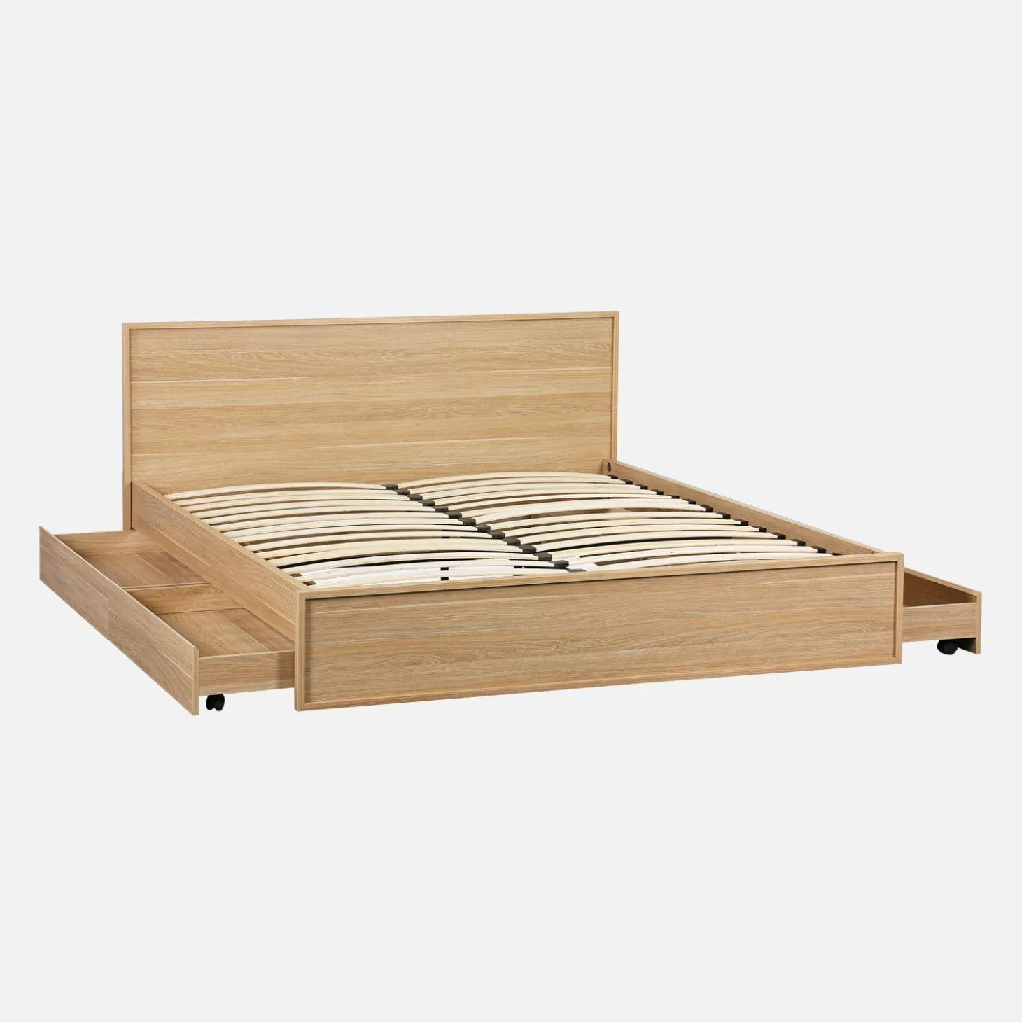 Cama con somier de láminas y cabecero 160x200cm + 4 cajones decoración madera