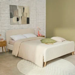Cama con somier y cabecera tapizada borreguito, 160x200cm