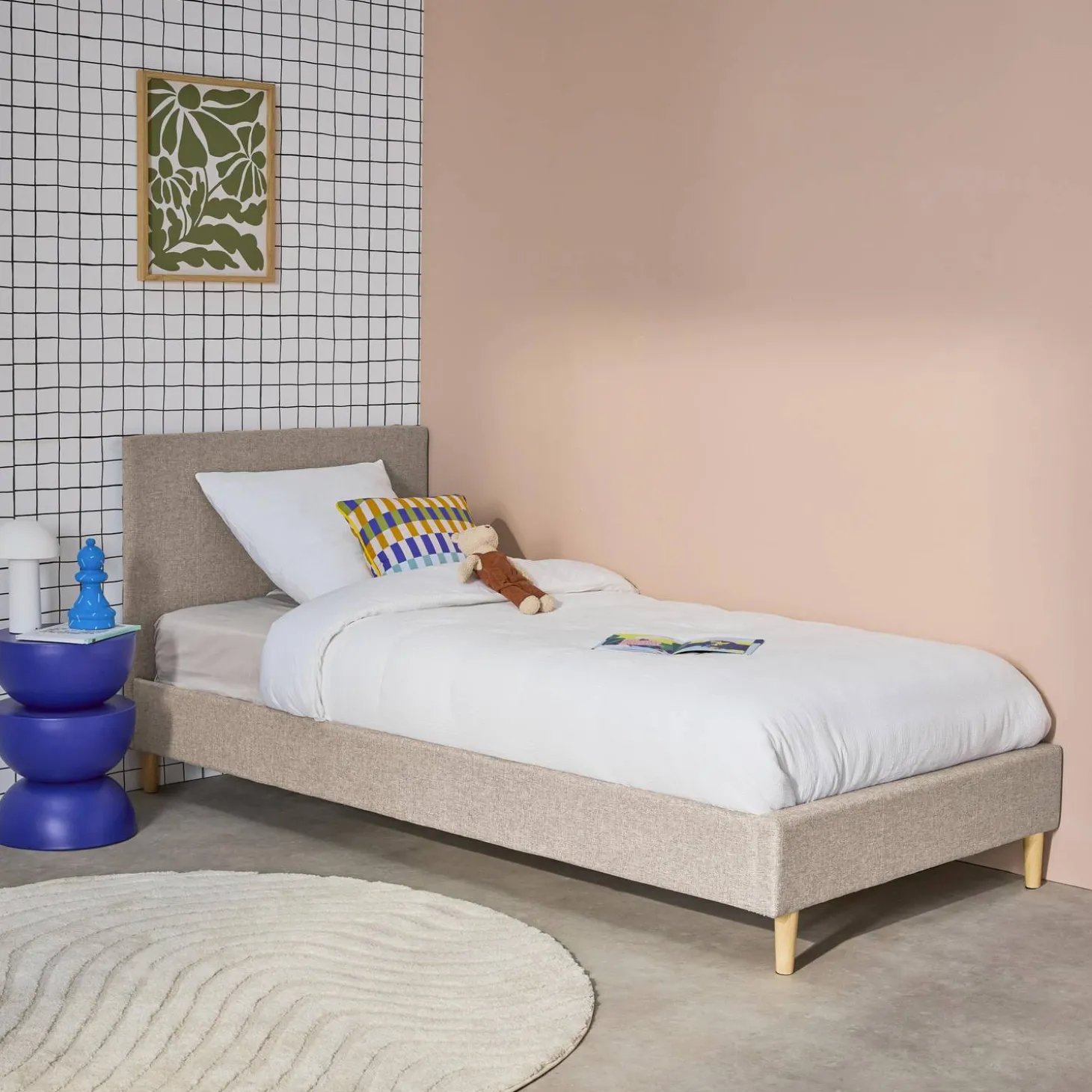 Cama con somier y cabecero 90x190cm, acabado en tela