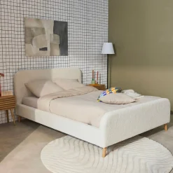 Cama con somier y cabecera tapizada borreguito, 140x190cm