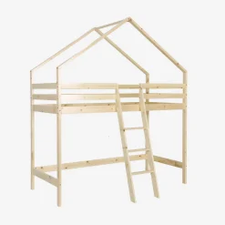 Cama infantil elevada cabaña de pino natural, 90cm