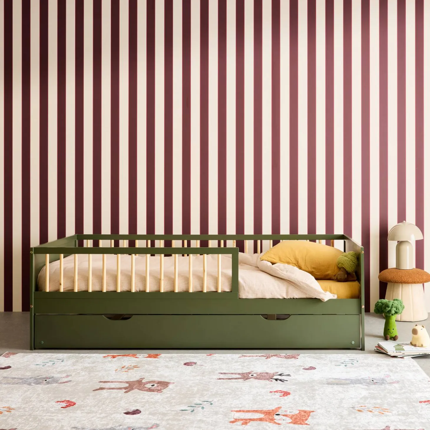 Cama nido infantil extraible 190cm pino natural con somier de láminas y cajón
