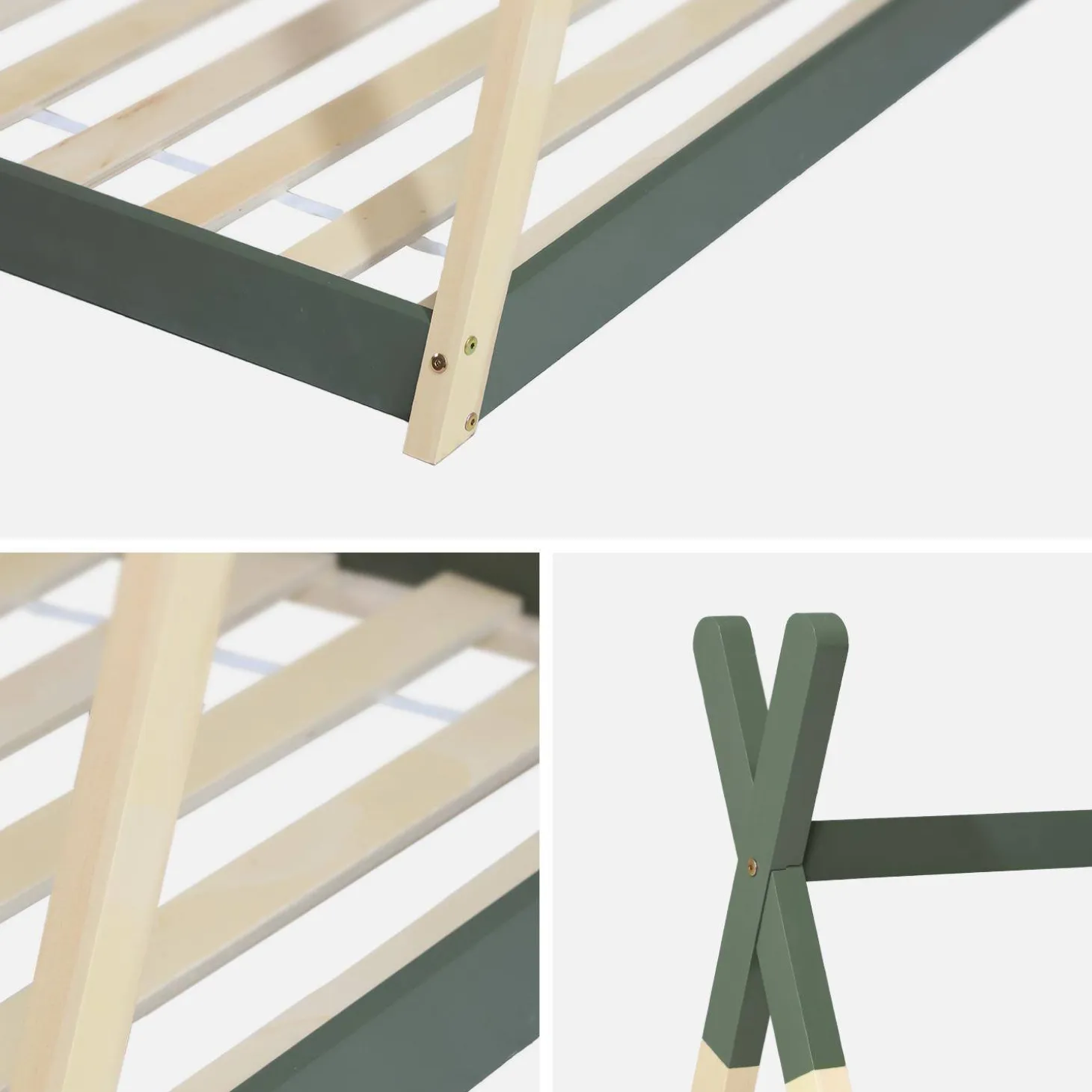 Cama tipi infantil de pino natural con base, 90cm