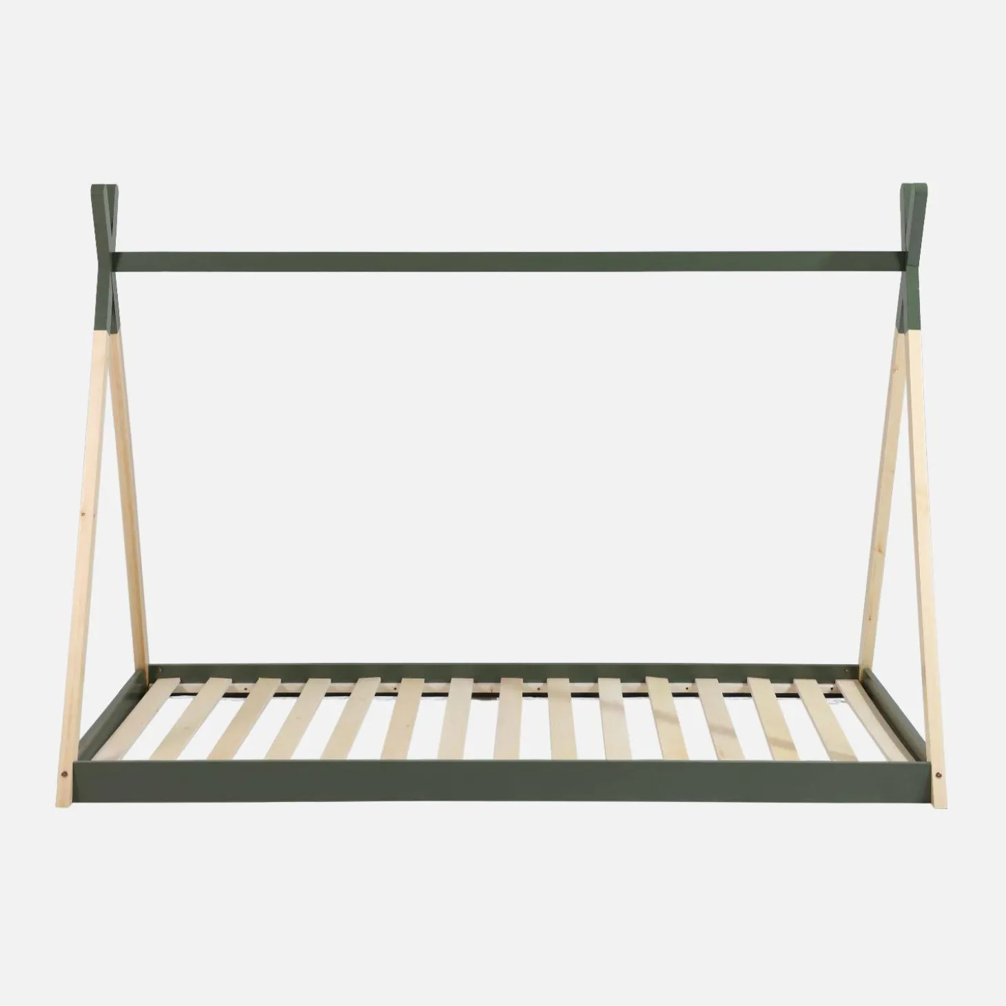 Cama tipi infantil de pino natural con base, 90cm