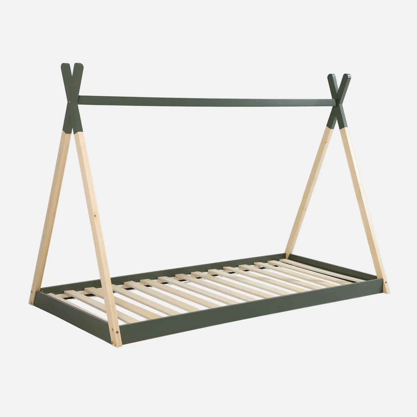 Cama tipi infantil de pino natural con base, 90cm