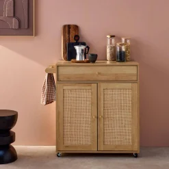 Carro de cocina de madera y rejilla con tirador, cajón y 2 puertas