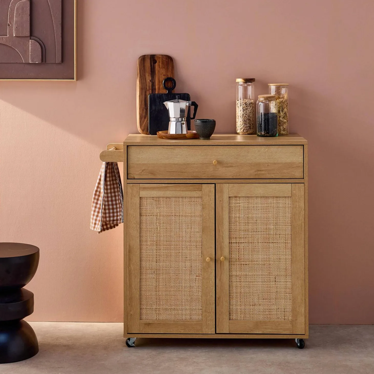 Carro de cocina de madera y rejilla con tirador, cajón y 2 puertas