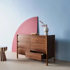 Cómoda con decoración de madera, 6 cajones