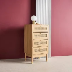 Cómoda con decoración de madera y mimbre, 4 cajones