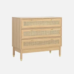 Cómoda con decoración madera y mimbre, 3 cajones