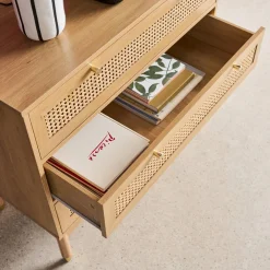 Cómoda con decoración madera y mimbre, 3 cajones