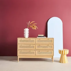 Cómoda con efecto madera y mimbre, 6 cajones