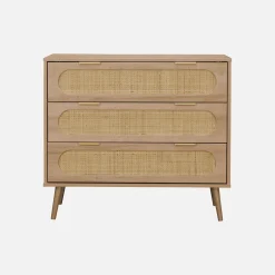 Cómoda con efecto madera y caña redondeada, 3 cajones